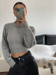 Livesso Autumn/Winter Loose Business Casual Floral Pattern Lace-Up Cinched Waist Hollow Out Sexy Fitted Cropped Knit Sweater For Women - Grey - View 3