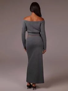 Athîral 女士纯色露肩上衣和裙子两件套 - 灰色 - 查看 4