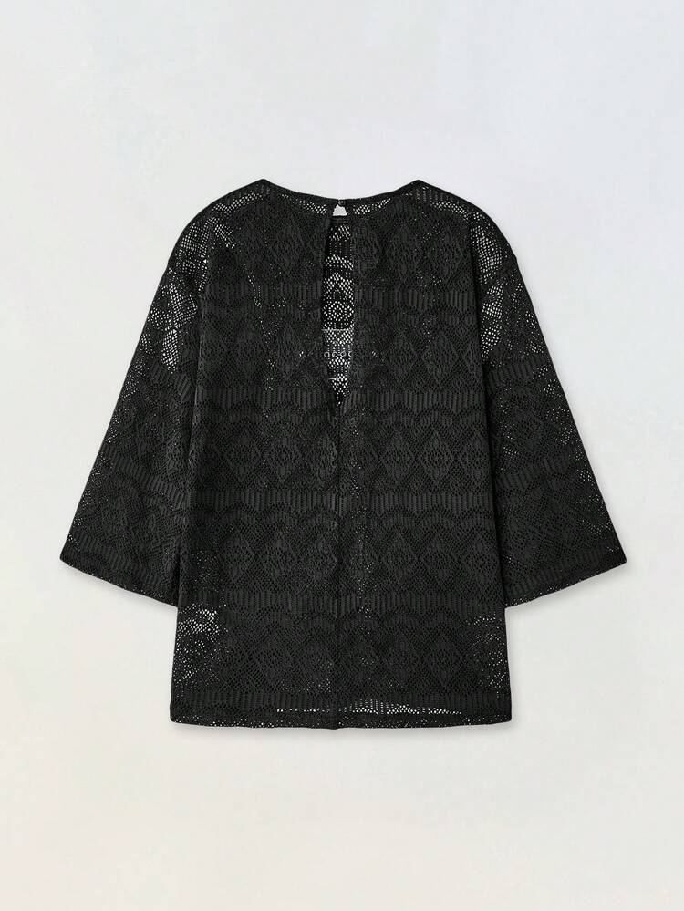 SHEIN Maija Women's Sexy Solid Color Hollow Out Sheer T-Shirt,Boho Women Clothing