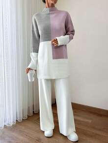 EURMUSE Plus Size Women Colorblock Sweater & Solid Color Wide Leg Sweater Pants Set Knit Two Piece Set Two Piece Set Women Comfy Two Piece Lounge Set Comfortable Two Piece Set Sweater Sets For Women - Multicolor - View 6