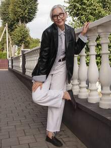 Vivie Lora 女士秋季翻领长袖PU皮休闲西装外套 - 黑色 - 查看 8