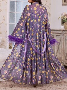 SHEIN 1 套：羽毛装饰长袖花卉印花网眼长袍 + 花卉印花网眼长吊带裙，加大码 - 彩色 - 查看 2