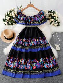 SHEIN LUNE Gaun Maxi Off Shoulder Motif Bunga untuk Liburan Wanita Ukuran Plus - Teal Blue - View 2