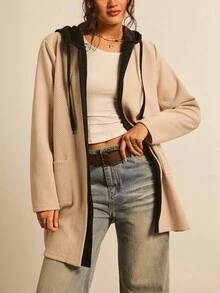 SHEIN LUNE 加大码女式冬季连帽外套，杏色和黑色纹理面料，秋季外出休闲外套，保暖 - 杏色 - 查看 7