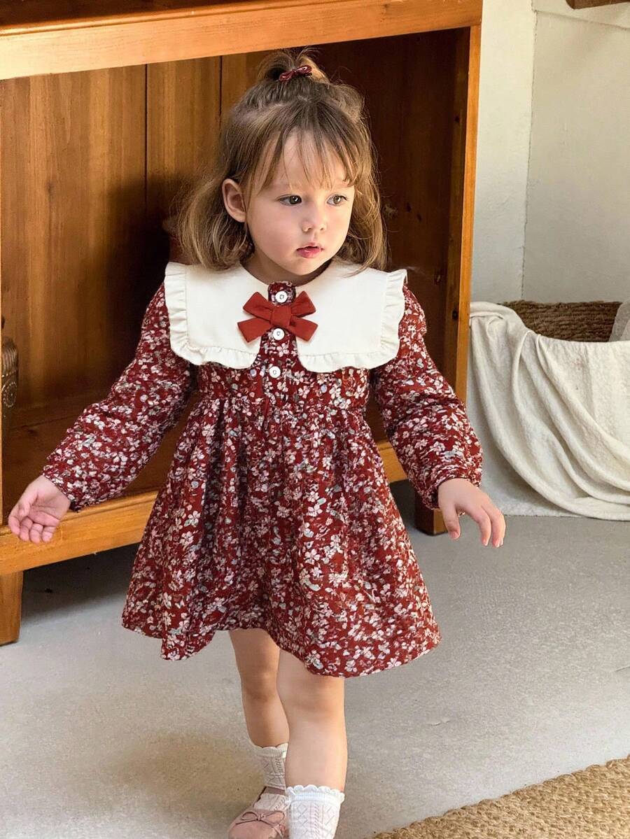 SHEIN 女婴可爱长袖公主裙，时尚自然风格，春秋季 - 紅色 - 查看 1