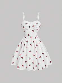 SHEIN MOD Cherry Embroidery Spaghetti Strap Dress - White - View 1