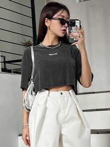 DAZY 字母图案落肩短款 T 恤 夏季 - 深灰色 - 查看 6