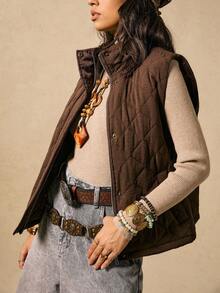 Easelle 女士梭织无袖休闲拉链夹克，咖啡色，冬季 - 咖啡棕 - 查看 4