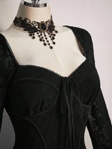 SHEIN ICON Váy cổ tim tay kèn dệt kim Jacquard cổ điển Y2k cỡ lớn dành cho nữ, thích hợp cho hẹn hò, đi chơi, ngày lễ tình nhân, váy suông, trang phục đi nghỉ theo phong cách Bohemian - màu đen - Xem 5