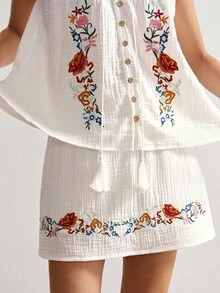 Bohemela Bộ 2 món áo hai dây dệt rộng rãi màu trơn và chân váy mini cho nữ - Màu be - Xem 5