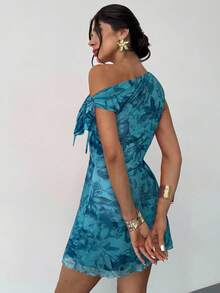 Firerie 女式夏季新款碎花不对称肩部性感优雅度假迷你连衣裙，网眼碎花连衣裙，不对称领口连衣裙，春夏服装，沙滩装，优雅，性感，度假，海滩，夏威夷，约会，派对，音乐节，毕业礼服，舞会 - 水鴨藍 - 查看 7