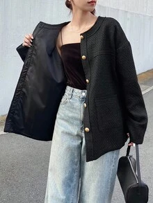 FRIFUL 女士针织混纺金属纽扣装饰圆领开衫，宽松优雅通勤常规外套，秋季黑色外套黑色开衫超大款外套短款外套黑色西装外套女式大衣