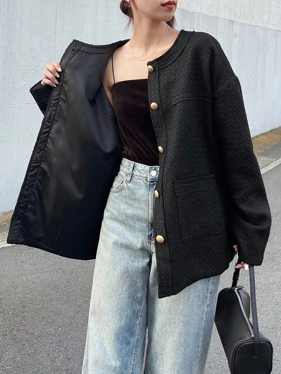 FRIFUL 女士针织混纺金属纽扣装饰圆领开衫，宽松优雅通勤常规外套，秋季黑色外套黑色开衫超大款外套短款外套黑色西装外套女式大衣