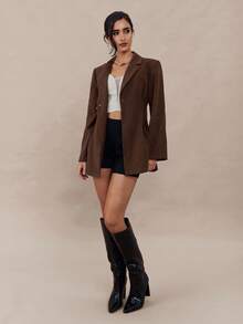 Modelyn Women's Solid Color Lapel NeckLong Sleeve Metal Decor Casual Office Blazer Jacket, Autumn - Brown - View 3