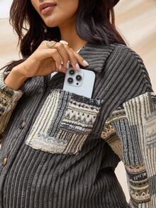 Boho Mama Pregnant Women's Striped Drop Shoulder Long Sleeve Single-Breasted Pocket Casual Regular Jacket Boho  Winter Clothes For Women - Grey - View 3