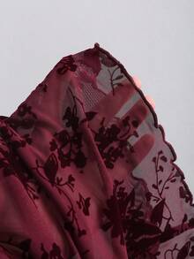 Sweetra Halloween Women's New Elegant & Fashionable Sexy Burgundy Mesh Leaf Flower Flocked Design Trumpet Sleeve Blouse, Spring/Autumn Fall Cloth For Women - Burgundy - View 6