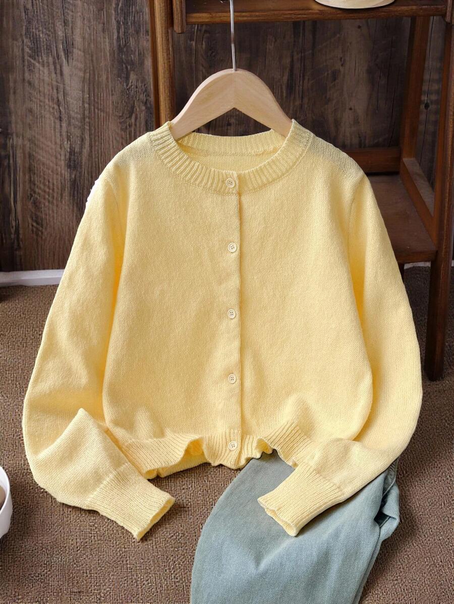 LMoss Kids LMoss Young Girls Plain Knit Crew Neck Yellow Cardigan,Fall Sweaters, Fall Stitich Winter - Yellow - View 1