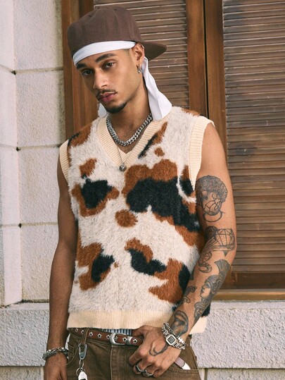 AXEPEAK Men's V-Neck Casual Patterned Knit Vest, Autumn/Winter