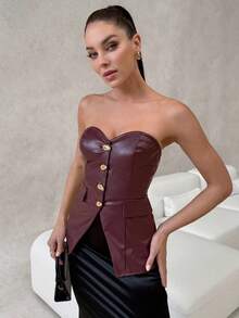 Lavishia Áo Bandeau trang trí khóa kim loại cho nữ - Màu Đỏ Sâu - Xem 3