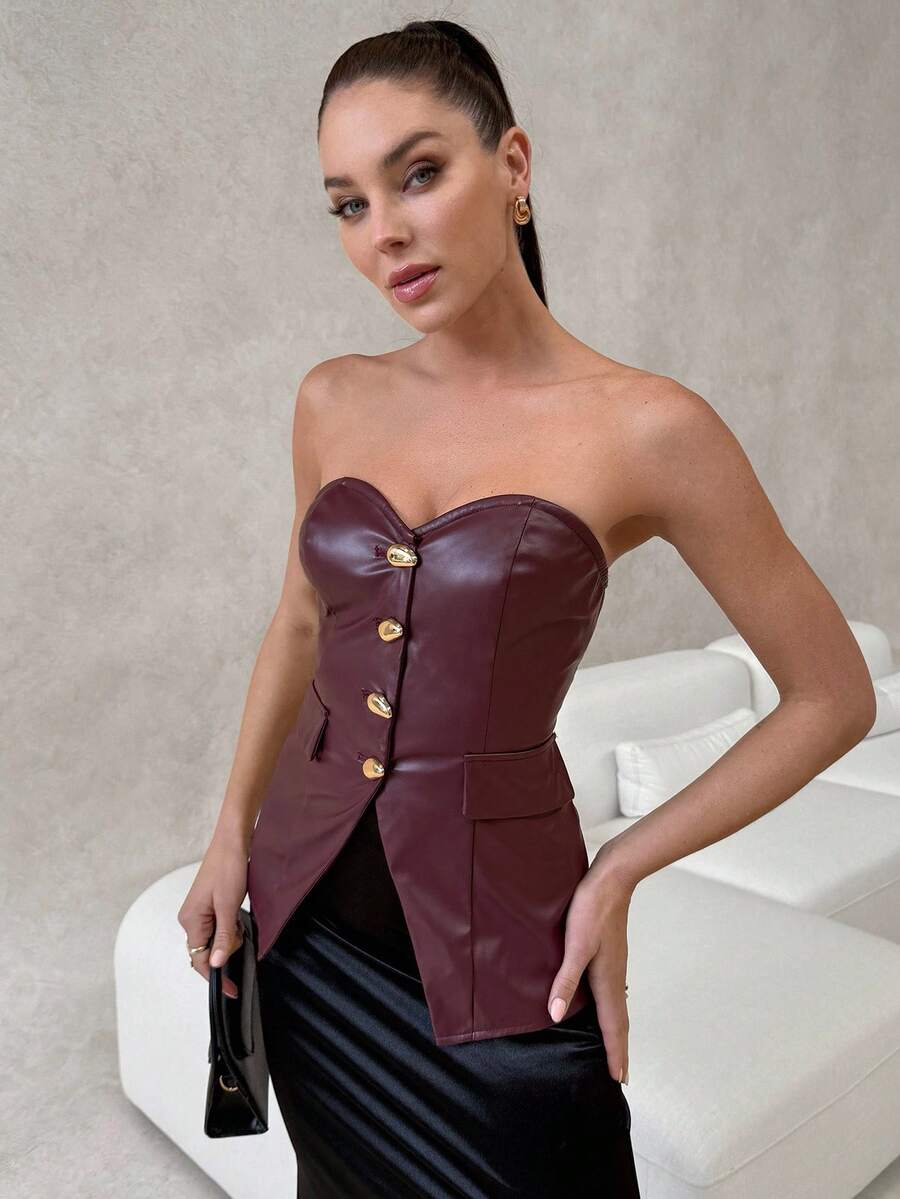 Lavishia Women Metal Buckle Decor Bandeau Top - Burgundy - View 1