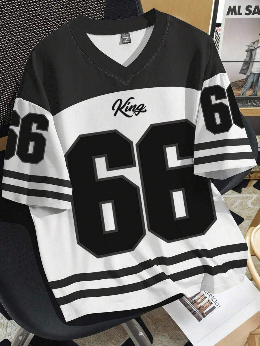 Manfinity Campus Court Men's Plus Size Numeric Print V-Neck Short Sleeve Casual T-Shirt - Black and White - View 1