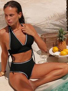 Swim Chiccia Bộ bikini kỳ nghỉ hè màu trơn gợi cảm mới cho nữ có viền ren trang trí - màu đen - Xem 5