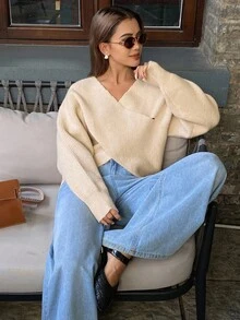 DAZY Women's Elegant Solid Color V-Neck Sweater, Autumn - Apricot - View 5
