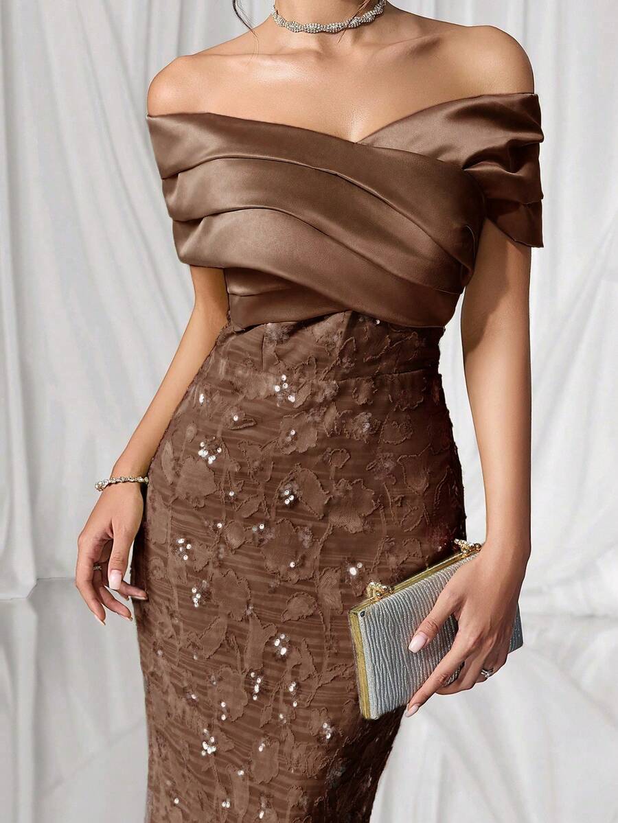 Coutiva Elegant Drop Shoulder Backless Fruit Green Satin Stitching Jacquard Sequin Hem Straight Skirt Back Slit Party Dress, Suitable For Birthday Parties, Daily Gatherings, Prom Dresses, Cocktail Parties, Graduation Ceremonies, School Opening Parties, Etc. - Coffee Brown - View 1