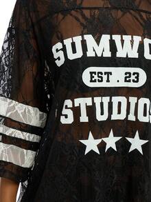 SUMWON WOMEN 超大号蕾丝运动衫，带透明网眼面板和条纹细节 - 黑色 - 查看 7