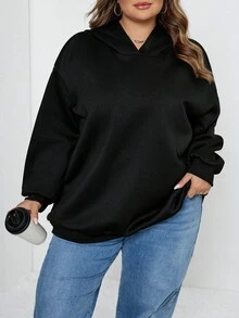 SHEIN CURVE+ 大码女式黑色长袖连帽休闲宽松运动衫，适合秋冬季 - 黑色 - 查看 11