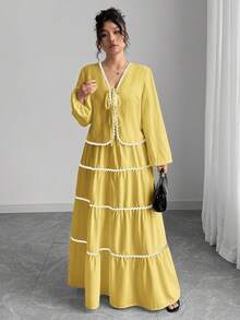 SHEIN Tall Plus Size Women 2 Pieces Set: Textured Long Sleeve Tie-Front Cardigan With Colorblock Ruffled Long Flared Midi Skirt, Elegant French Romantic Style Fall Cloth For Women - Yellow - View 3