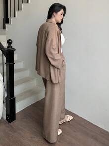 Dazy Plus 西式海滩度假纯色仿牛仔亚麻宽松休闲大码女式两件套，春秋 - 卡其色 - 查看 2