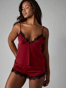 MISSGUIDED 奢华缎面睡衣套装蕾丝边吊带短睡衣节日礼物情人节家居服新娘内衣蜜月睡衣 - 紅色 - 查看 6