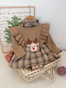 SHEIN 1件女婴格子驯鹿圣诞连体衣，圆领荷叶袖长袖动物鹿刺绣连体衣，配发带，韩版休闲抓绒保暖，适合日常外出或圣诞新年穿着，秋冬新款 - 卡其色 - 查看 1