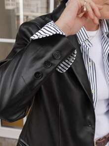 Vivie Lora 女士秋季翻领长袖PU皮休闲西装外套 - 黑色 - 查看 7