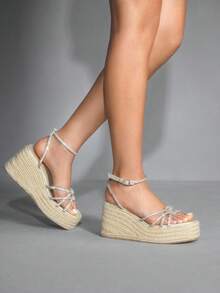 CUCCOO SZL Women's Wedge Thick Bottom Jute Rope Rhinestone Sandals - Gold - View 8