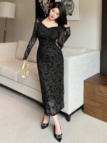 DAZY Đầm dài tay lưới họa tiết hoa nhí thanh lịch dành cho nữ, thích hợp cho tiệc tùng hoặc đi học, kiểu dáng mùa thu. - màu đen - Xem 5