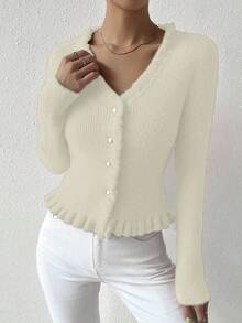 EMERY ROSE Lässige einfarbige Rüschen-Saum Passform Strickjacke, Herbst/Winter