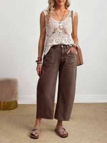 SHEIN PETITE Women's Casual Wide Leg Straight Button Pocket Jeans - Brown - View 5