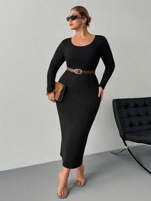 SHEIN PETITE CURVE Petite Plus Solid Scoop Neck Bodycon Dress - Black - View 8