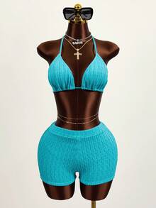 SHEIN Swim 女性夏季假日海灘純色騎士頸比基尼套裝 - 藍色 - 查看 6