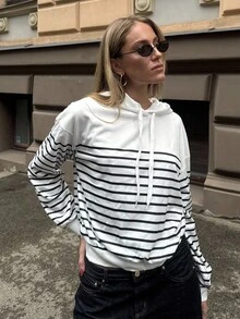 Pariaura Sudadera con capucha de ajuste holgado con estampado de rayas, versátil para el transporte - Blanco - Ver 5