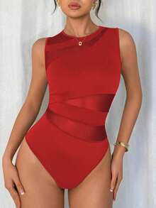 Rafferiza 优雅性感时尚黑色圆领无袖修身不对称几何网眼拼布针织女式紧身衣，春夏 - 紅色 - 查看 4