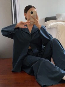 DAZY 简约纯色长袖和长裤宽松睡衣套装，秋季服装