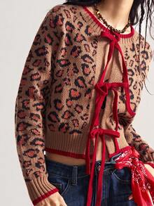 Bohemela Cardigan de malha com estampa de leopardo vintage solto para mulheres - Castanho - Ver 4