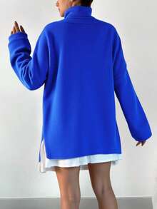 EURMUSE Turtleneck Drop Shoulder Split Hem Sweater - Royal Blue - View 2