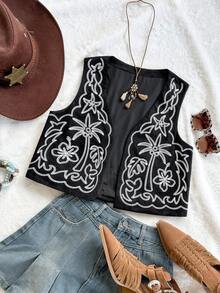 Soleia 女士度假休闲复古刺绣上衣，女士无袖上衣，适合派对、晚宴、性感场合、约会、海滩度假、夏季、假日约会、下午茶、海滩游轮度假、公路城市度假、波西米亚风度假、音乐节等场合，可内穿或外穿，适合所有季节，西式女装，西式上衣，波西米亚风夏季上衣 - 黑與白 - 查看 6