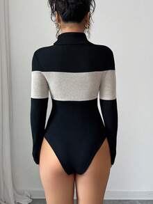 Elenzga 女式高领拼接长袖紧身衣，修身，撞色，秋冬 - 黑色 - 查看 2