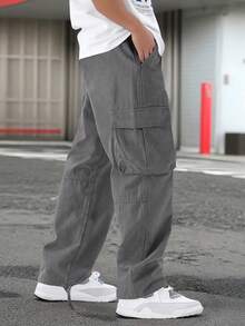 Manfinity Homme Men's Casual Solid Color Pocket Pants, Fall - smoke gray - View 2