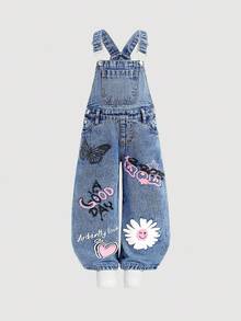 SHEIN Quần yếm denim xanh họa tiết hoa và bướm cho bé gái - Rửa nhẹ - Xem 6